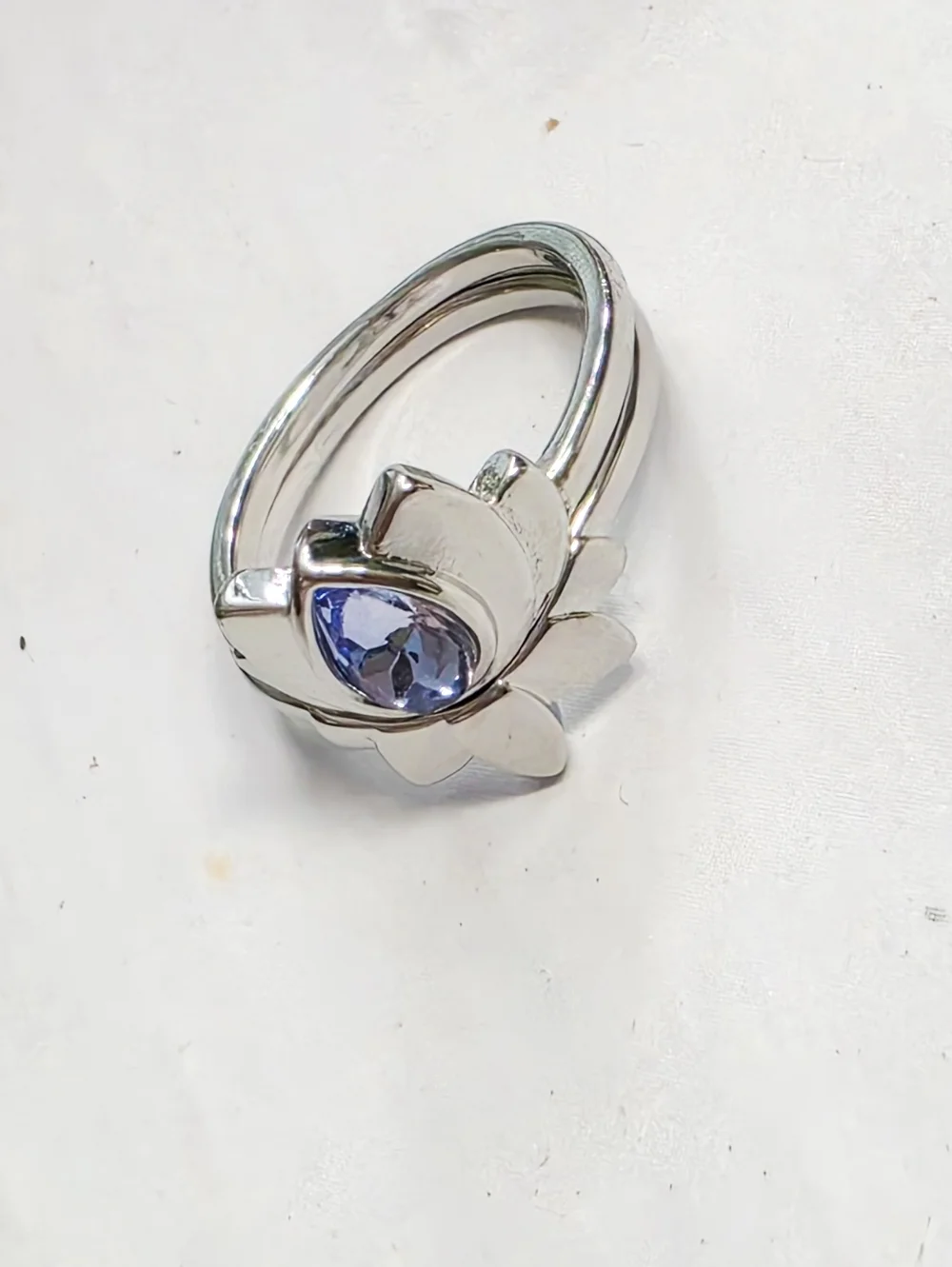 Boho Silvery Lotus Flower Ring Set | Blue Water Drop Crystal Size 8